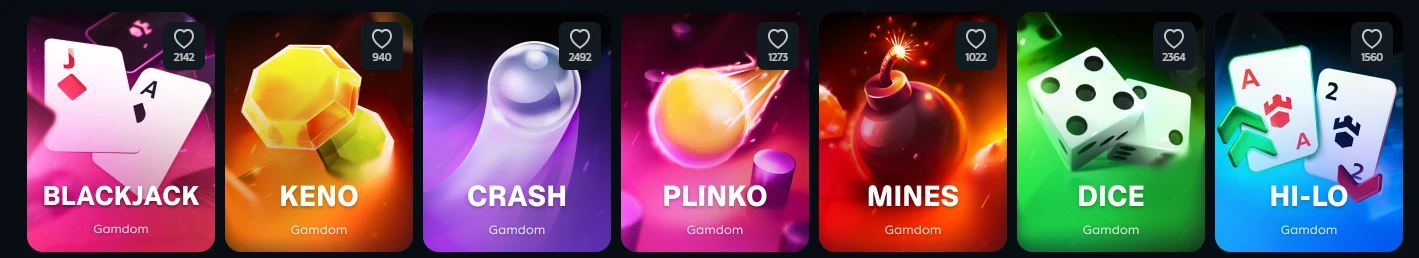 Selección de juegos en el sitio de Gamdom